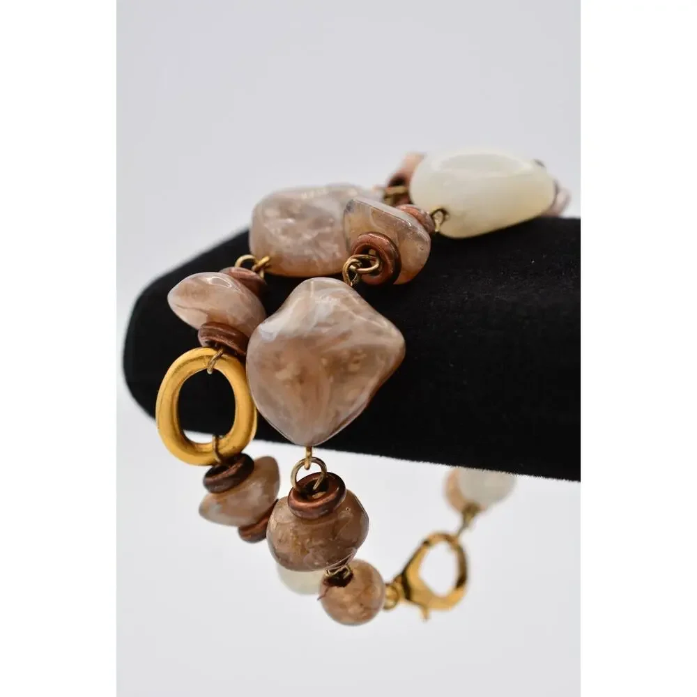 Vintage Lucite Beaded Bracelet Double Chain Brushed Gold Chunky 1980s Bin4